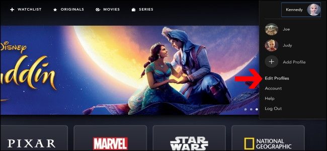 Экран «Редактировать профили» в приложении Disney+