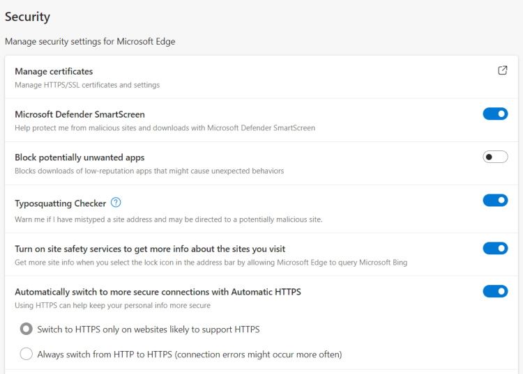 Включение переключателя Automatic HTTPS в Microsoft Edge