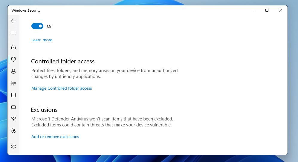 Опция Добавление или удаление исключений