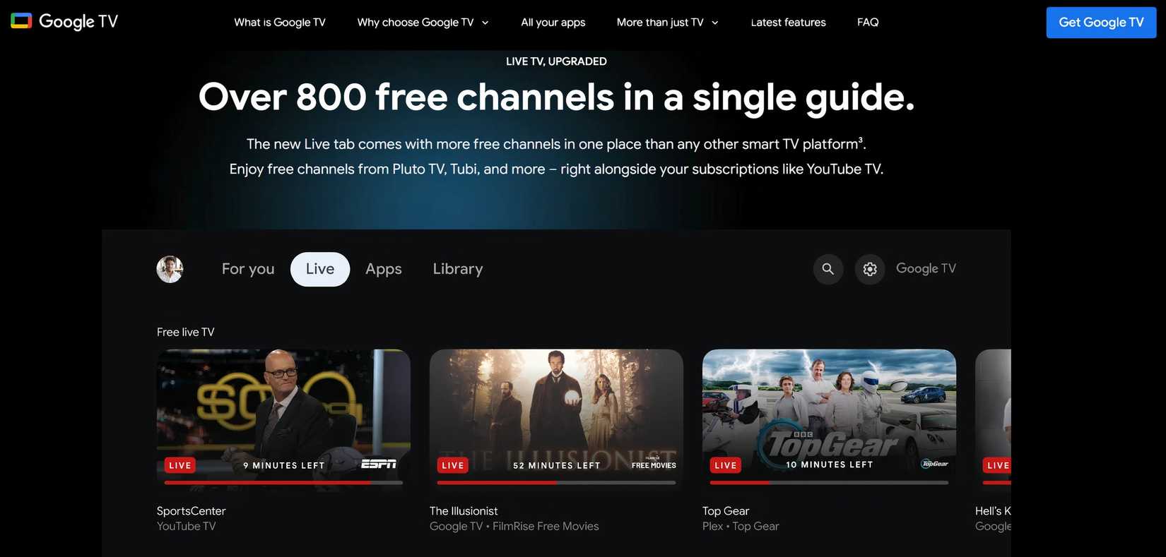 Главный экран Google TV с бесплатными каналами