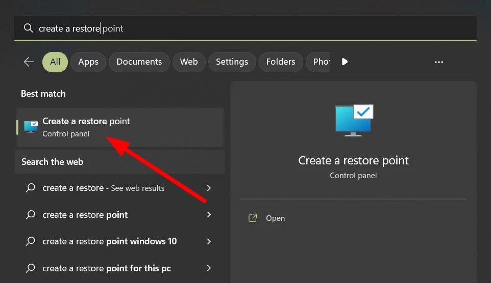 Поиск «Создание точки восстановления» в Windows
