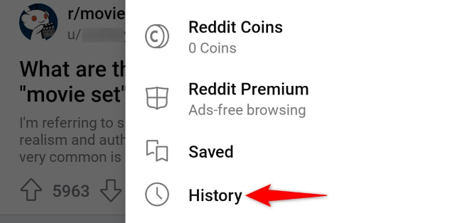 Пункт меню History в приложении Reddit