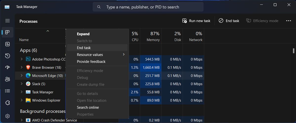 Завершение процессов Edge в Диспетчере задач