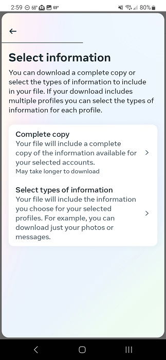 Выбор типов информации для загрузки в приложении Facebook.