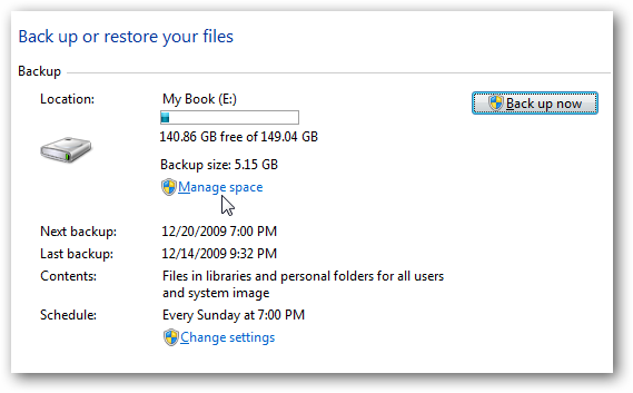 Окно управления местом для резервного копирования Windows