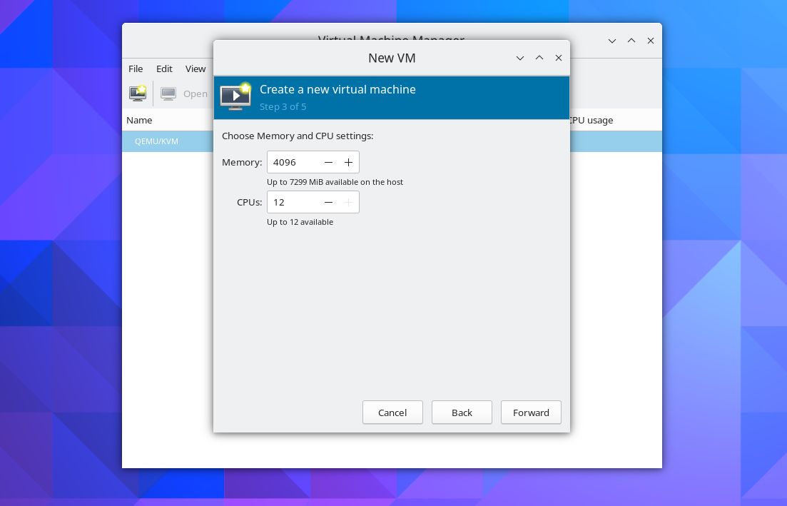 Настройка памяти и CPU в virt-manager