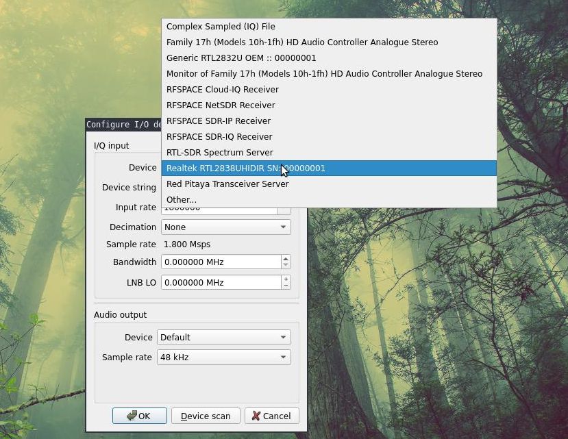 Окно GQRX: выбран Realtek RTL2838UHIDIR