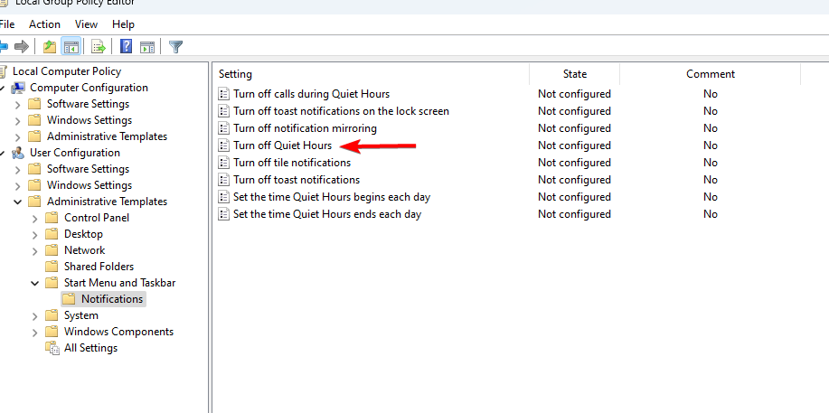Политика «Turn off Quiet Hours» в списке настроек