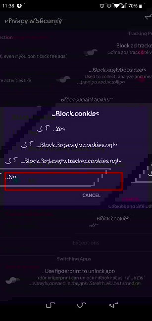 Cookie включены в Firefox Focus