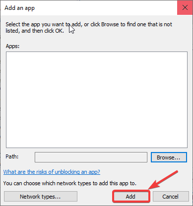 Кнопка 'Добавить' для исключения в Брандмауэре