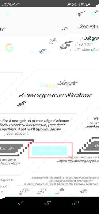 Eine Google‑Warnung über mögliche Kontoübernahme.