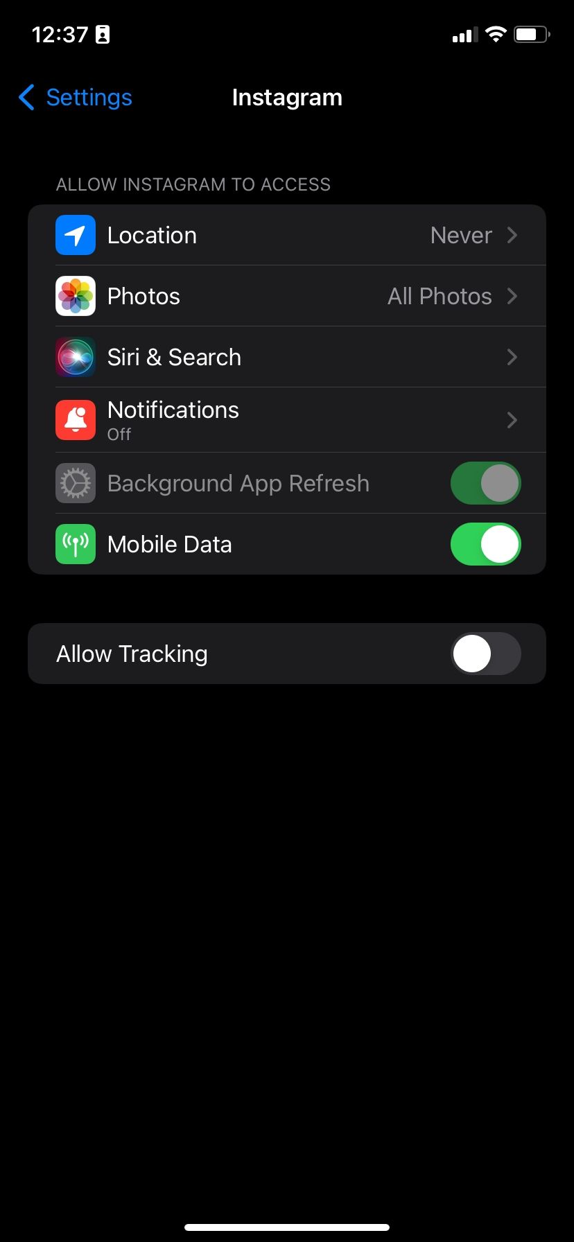 Настройки разрешений приложений для Instagram в iOS