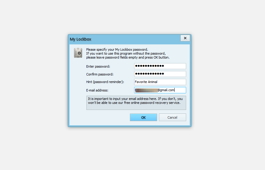Заполнение пароля и данных в окне My Lockbox