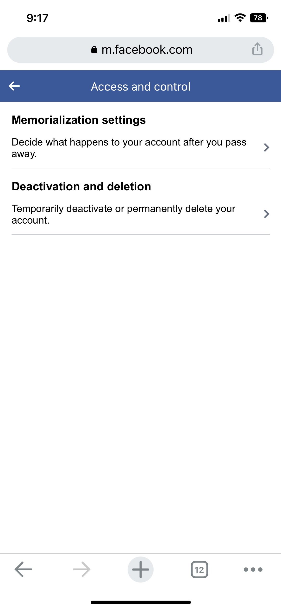 Меню деактивации и удаления аккаунта Facebook
