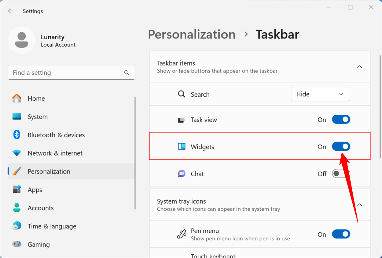 Переключатель «Виджеты» в положении «Вкл»