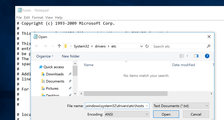 Открытие файла hosts в папке C:WindowsSystem32driversetc