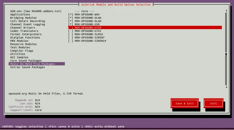 Включение пакетов MOH (музыка при ожидании) в menuselect