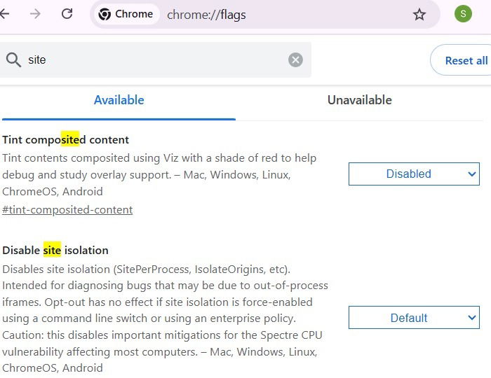Chrome Flags에서 사이트 격리가 Default로 설정된 화면.