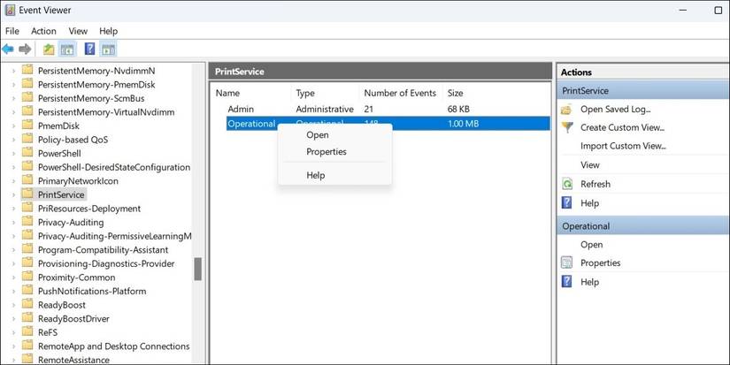 Журнал PrintService в Просмотре событий