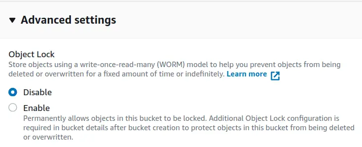 Параметры Object Lock — защита объектов от удаления и изменения (включается при активном версионировании)