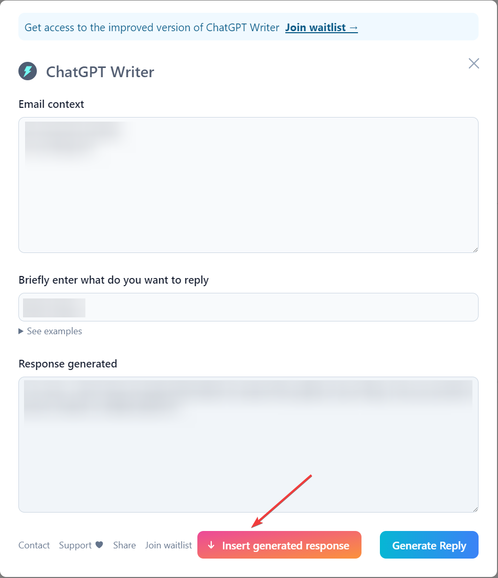 Вставить сгенерированный ответ