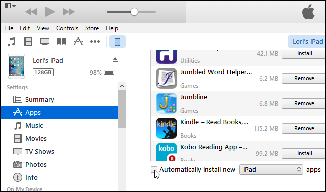 Отключение автоматической установки новых приложений в iTunes для устройства