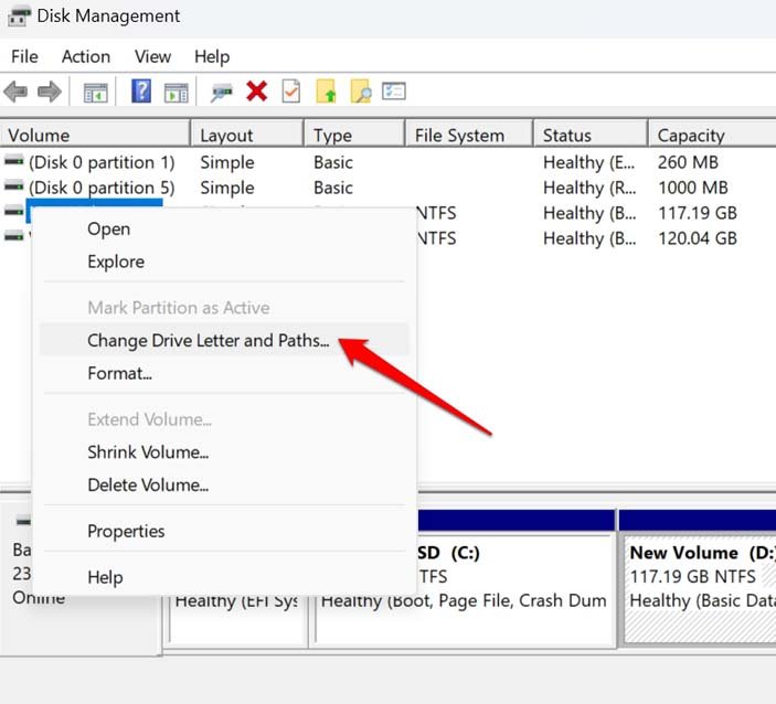 Меню смены буквы диска и путей в Управлении дисками