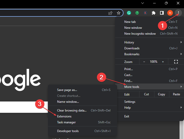 Меню Chrome → Дополнительные инструменты → Расширения