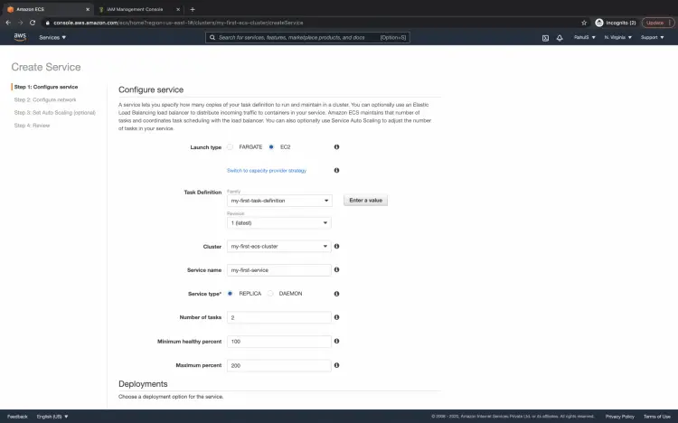 Конфигурация сервиса: выбор task definition, кластера и количества задач