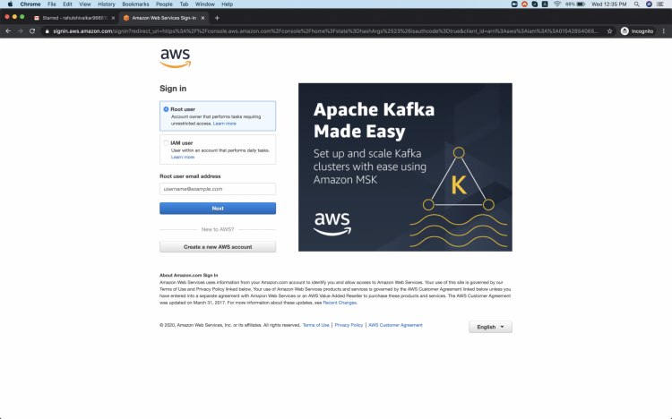 Страница входа AWS