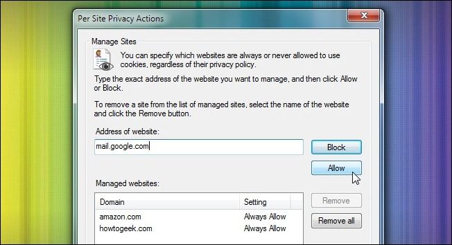 Окно: список действий для сайтов в Internet Explorer
