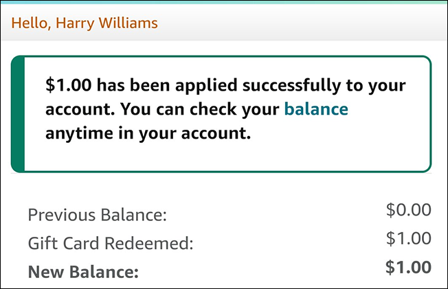 Подарочная карта успешно зачислена в приложении Amazon