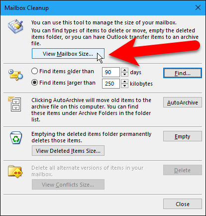 Кнопка View Mailbox Size в диалоге Mailbox Cleanup