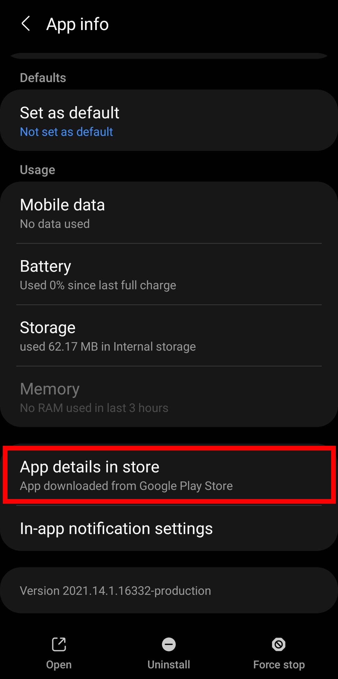Данные приложения Trello в Android, опция «Информация в магазине» выделена.