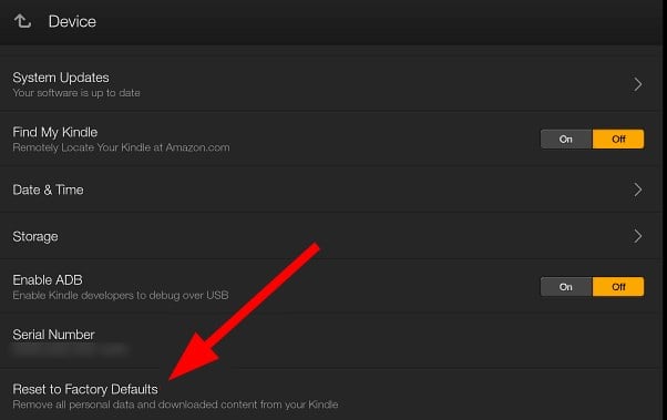 Сброс до заводских настроек Kindle