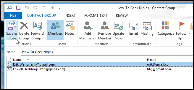 Кнопка Save & Close в Outlook