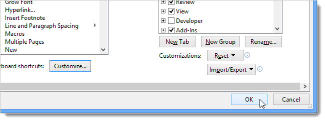 Закрытие окна параметров Word