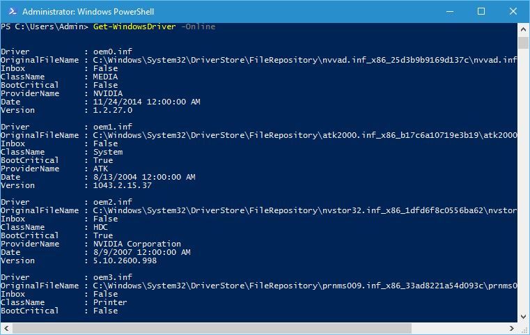 Команда Get-WindowsDriver показывает установленные драйверы
