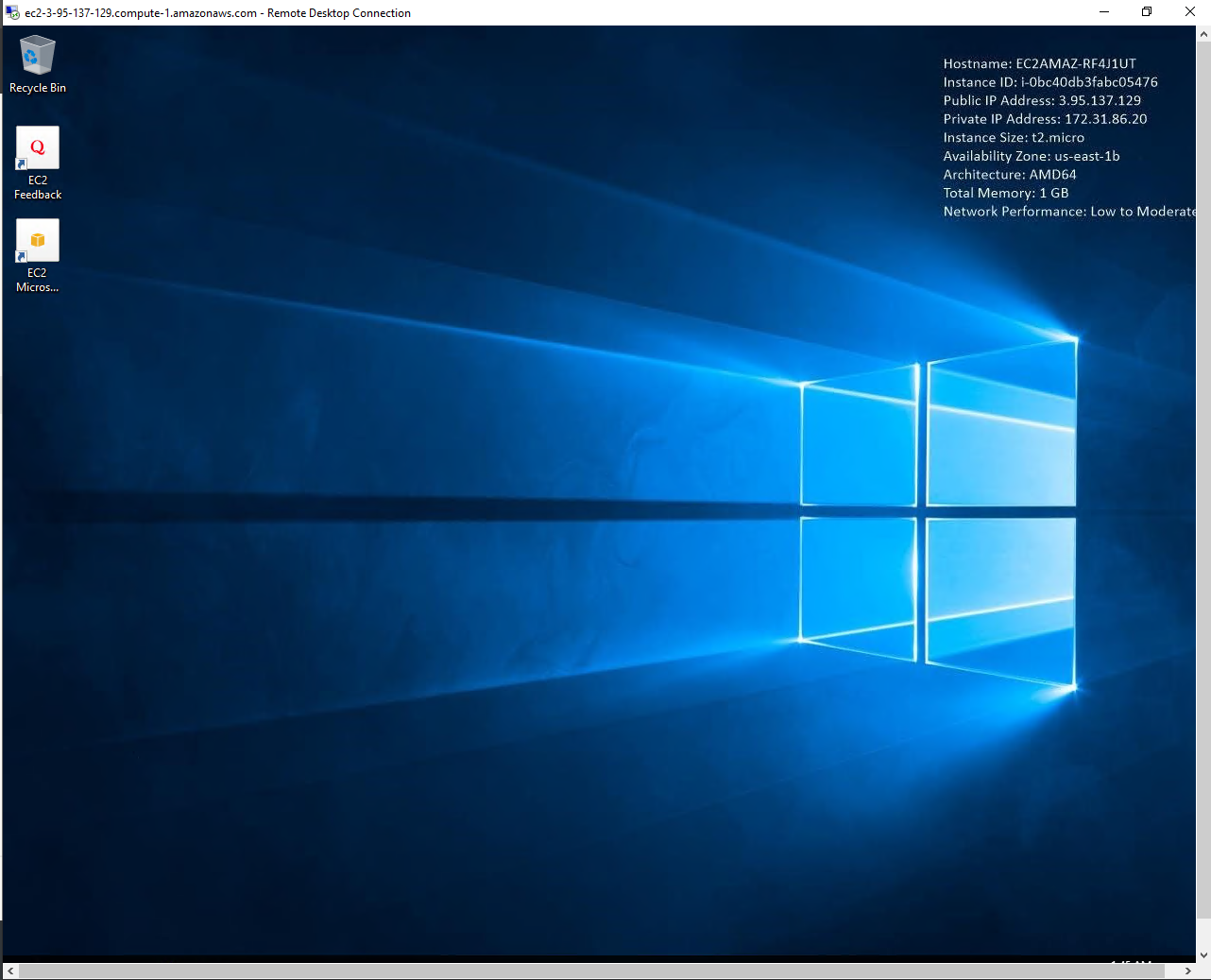 Рабочий стол Windows после входа по RDP