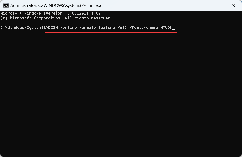 Команда DISM в окне командной строки для включения NTVDM