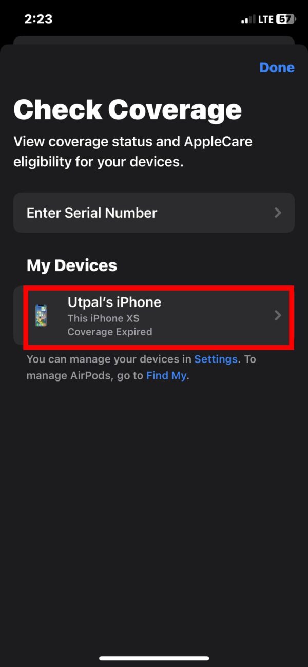 Выбор iPhone в списке устройств приложения Apple Support