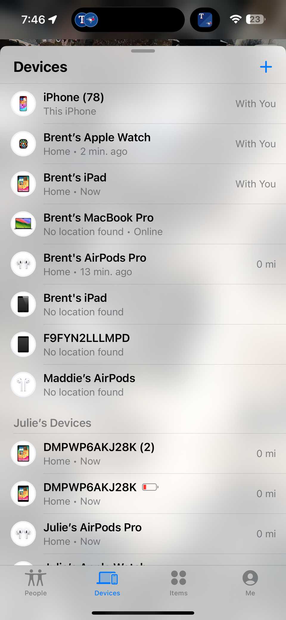 Длинный список устройств в Find My