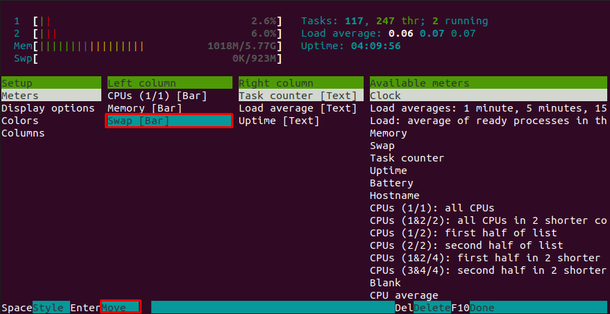 Перемещение метрики Swap в заголовке
