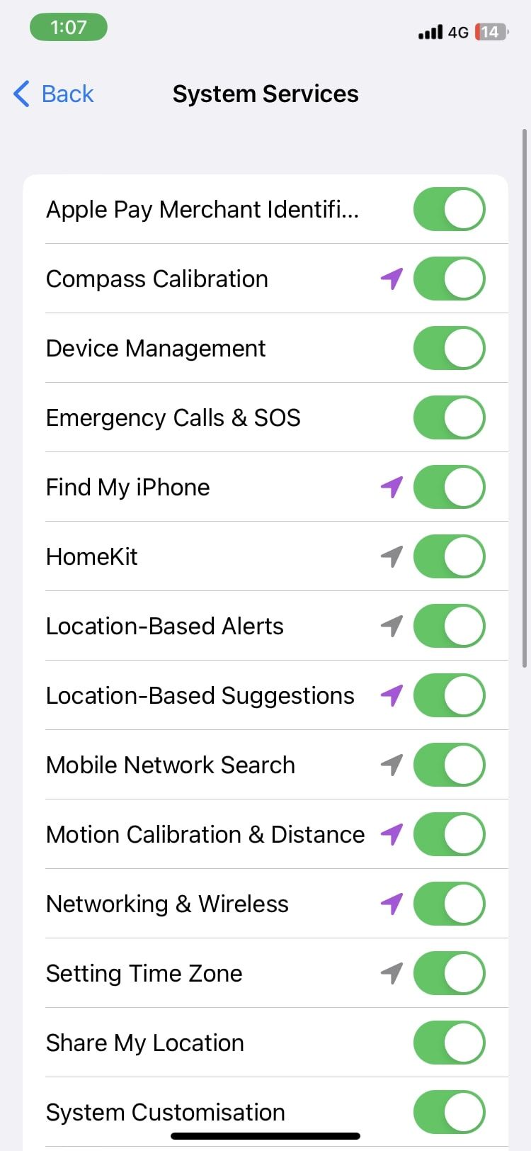 system services options like find my iPhone and device management