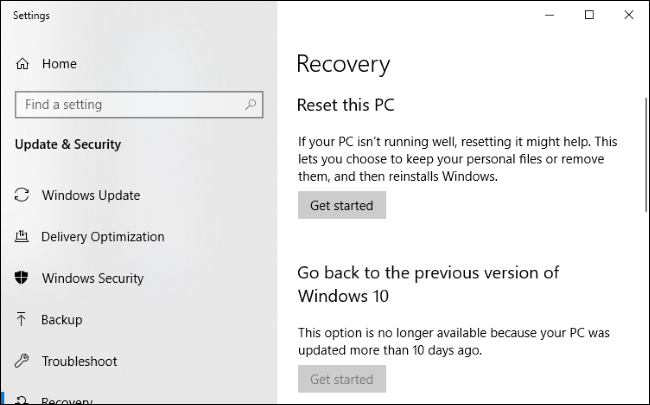 Windows 10 Recovery menu.