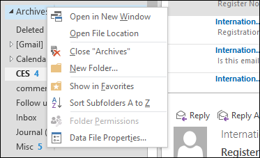 Контекстное меню папки архива в Outlook с опцией Close для отключения архива