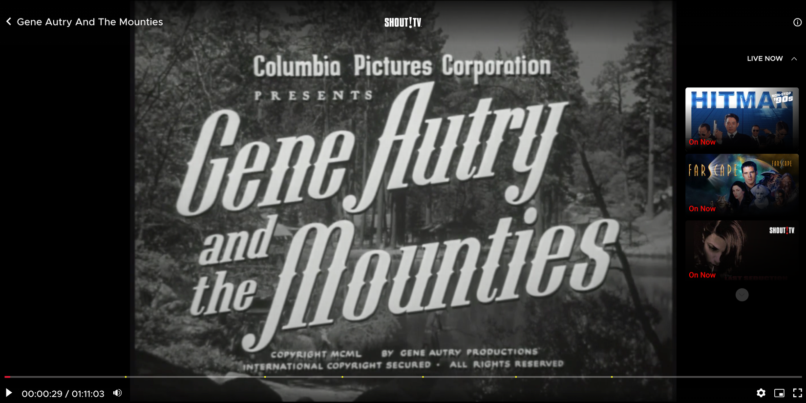 Интерфейс Shout! TV воспроизводит классический фильм «Gene Autry and the Mounties»