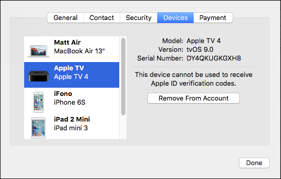 Вкладка Устройства в деталях учётной записи iCloud на Mac