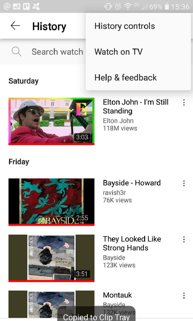 Настройки истории просмотров в приложении YouTube