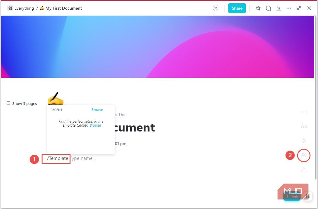 Добавление шаблона в ClickUp Docs